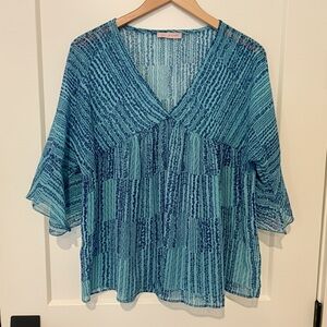Stunning Teal & Azure Patterned Flutter-Sleeve Blouse by Ces Femme